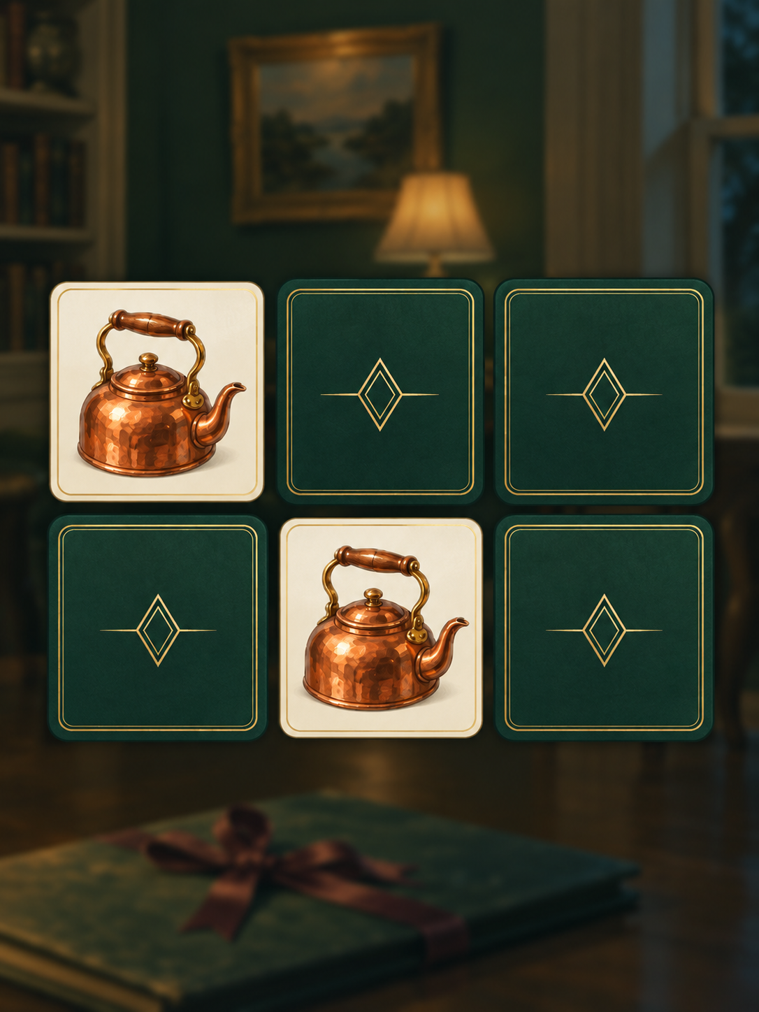 Early puzzle artwork showing illustrated copper kettles and face-down green cards