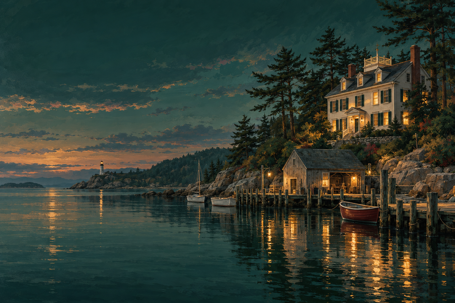 Painted coastal setting with a warmly lit house, boathouse and boats at dusk
